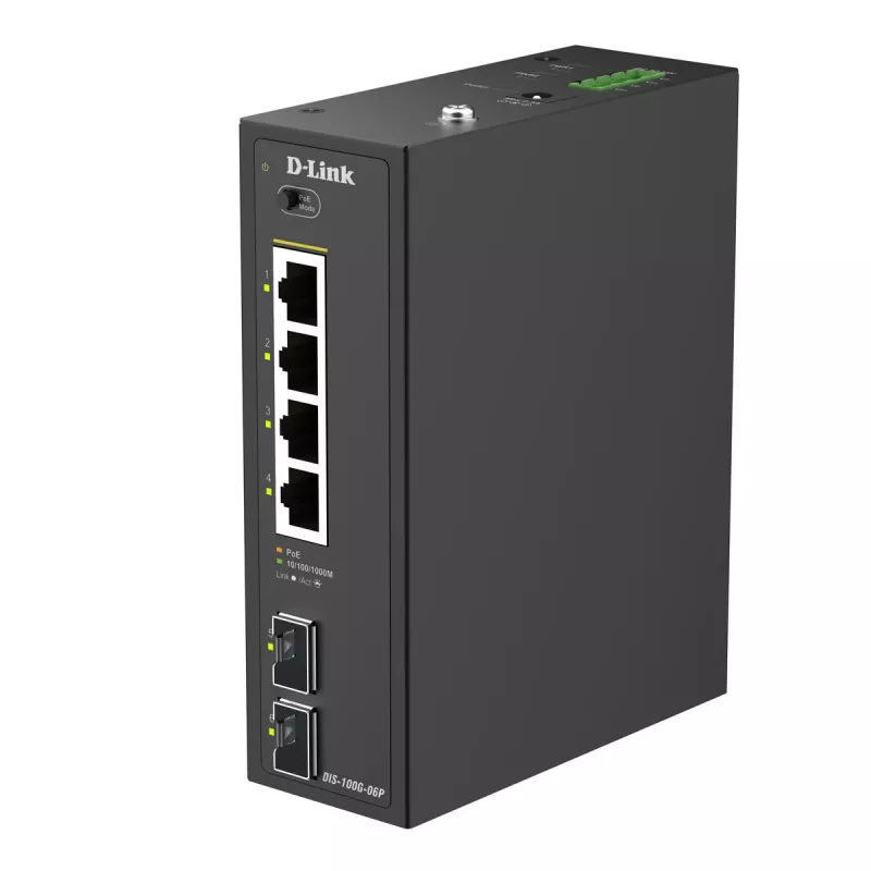 D-Link 6-portowy niezarządzany przemysłowy przełącznik PoE+ z 2 portami SFP