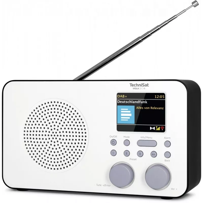 Radio internetowe TECHNISAT VIOLA 2 C IR — Tuner analogowy i cyfrowy, DAB+/FM, Wi‑Fi, 3 W, 2,4-calowy TFT, 3,5 mm, Czarny/Biały