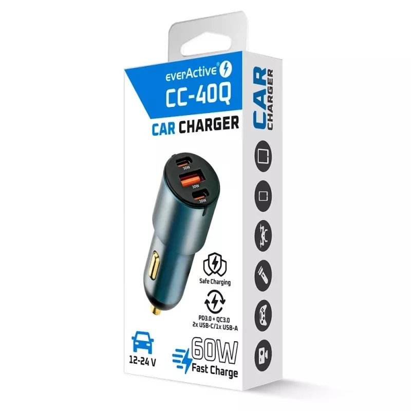 Ładowarka samochodowa everActive CC-40Q QC3.0 60W, zasilacz USB do samochodu do ładowania urządzeń mobilnych