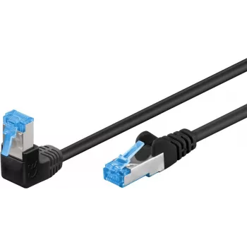 Kabel krosowy Goobay CAT 6A 1x 90° kątowy, S/FTP (PiMF), czarny, 0,25 m - zaczep od góry, LSZH bezhalogenowy, miedź (51555)