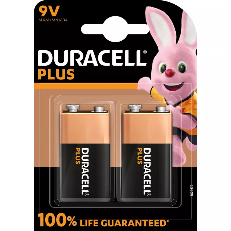 Bateria Duracell Plus 9V (MN1604) — 2 szt., waga całkowita 0,102 kg