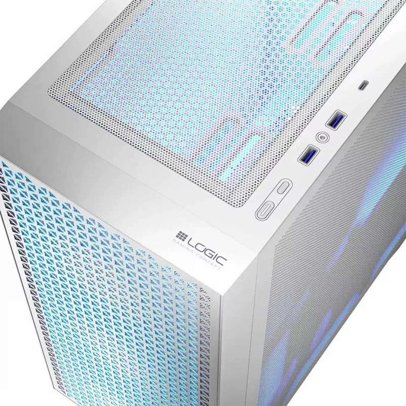 Obudowa PC LOGIC Dart Pro Midi ARGB biała — Midi Tower, ATX, 456×200×385 mm, maks. GPU 34 cm, wysokość chłodzenia CPU 155 mm, 3x120 mm przód + 1x120 mm tył, USB 3.0 x2, USB-C x1