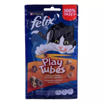 Mokry przysmak dla kota w saszetce Felix Play Tubes z kurczakiem i wątróbką 50 g — mięsna przekąska dla dorosłych, 35% białka, 19,5% tłuszczu