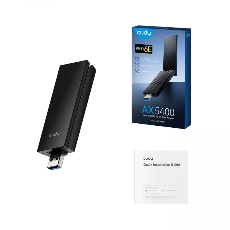 Adapter Wi‑Fi 6E USB typu A Cudy WU5400, dwuzakresowy 2x2, 2402 Mbit/s, czarny