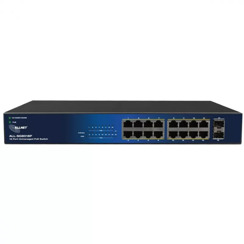 ALLNET 18-portowy Gigabitowy przełącznik PoE ALL-SG8018P — 16 portów PoE + 2 uplink, Gigabit Ethernet