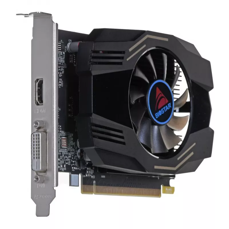 Karta graficzna BIOSTAR GeForce GT 1030 — 4 GB GDDR4, 64-bitowa, PCIe x16 4.0, aktywne chłodzenie, DVI-D + HDMI