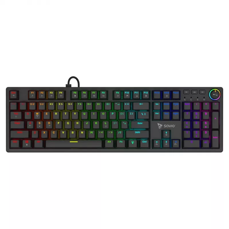 Klawiatura mechaniczna dla graczy SAVIO STYX Outemu niebieski Hot-Swap RGB USB QWERTY US International Czarna 104-klawiszowa pełnowymiarowa