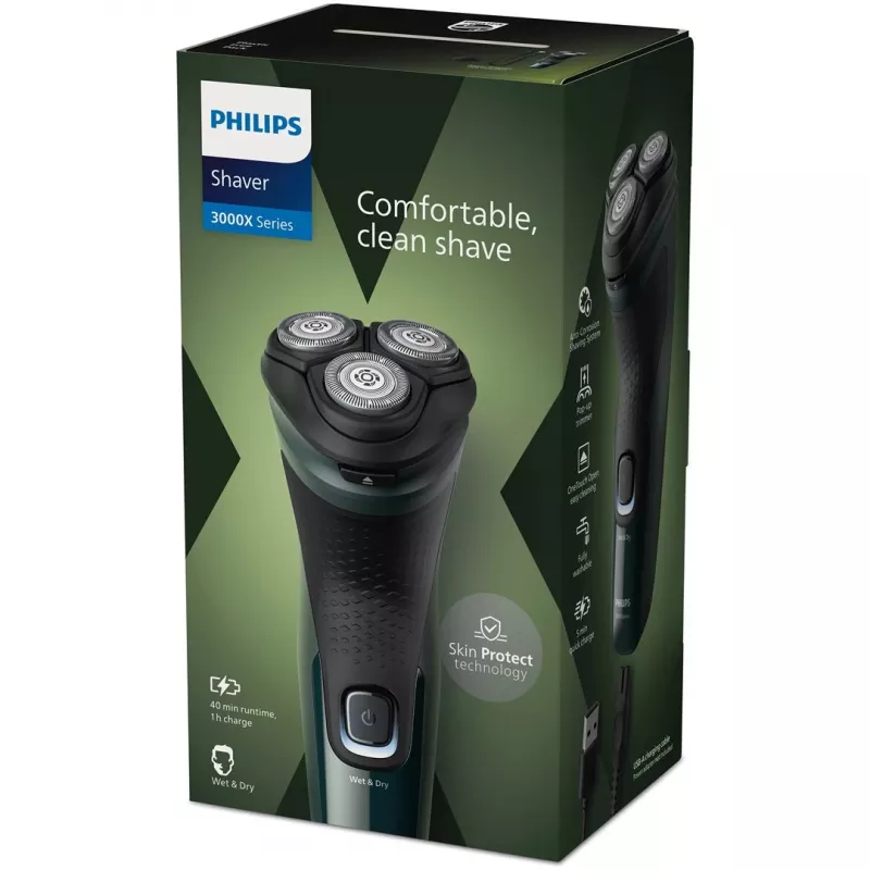 Elektryczna golarka rotacyjna Philips 3000X Series X3002/00 – 3 głowice, mokra i sucha, bezprzewodowa, akumulator NiMH, 40 min pracy