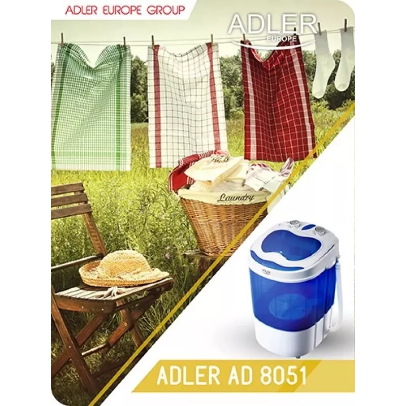 Adler | AD 8051 | Pralka | Klasa efektywności energetycznej | Ładowanie od góry | Pojemność prania 3 kg | Nieokreślona prędkość obrotowa | Głębokość 37 cm | Szerokość 38 cm | Biały/Niebieski