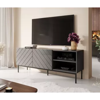 Szafka RTV cama meble ABETO na czarnej stalowej ramie 150x42x60 cm grafit/połysk grafit