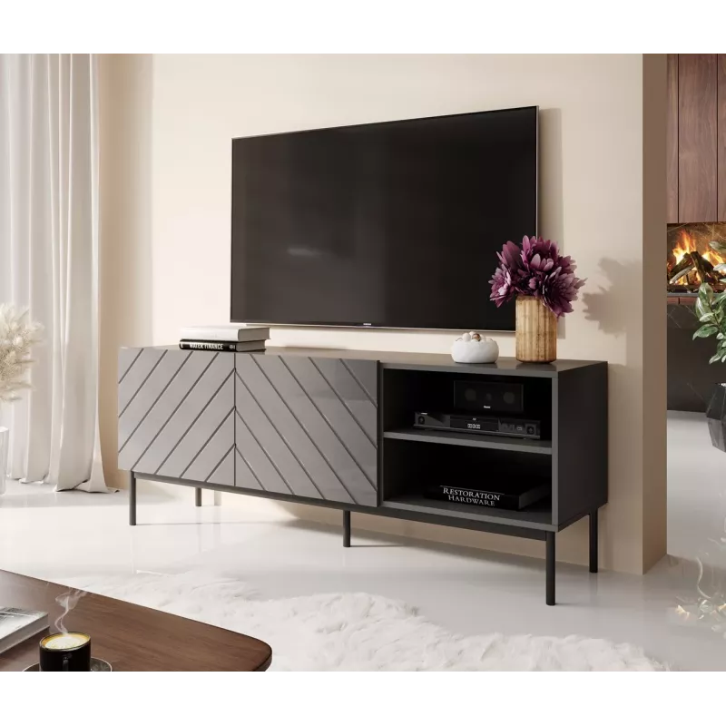 Szafka RTV cama meble ABETO na czarnej stalowej ramie 150x42x60 cm grafit/połysk grafit