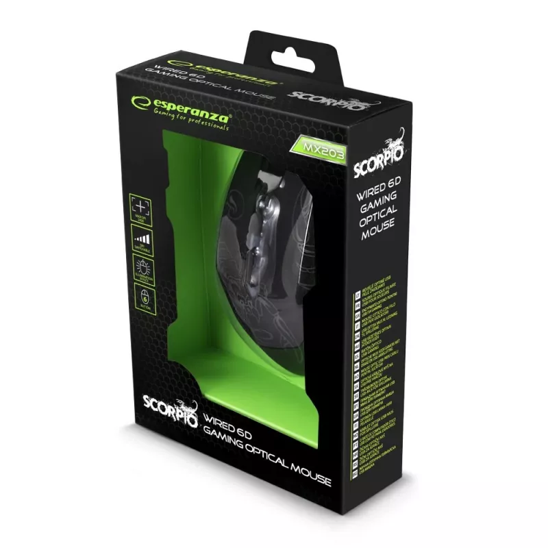 Esperanza MX203 SCORPIO - Mysz - USB - Niebieski - Hiiri - Optinen - 6 Przycisków - Czarny