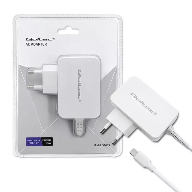 Zasilacz QOLTEC 51039 65W AC-to-DC 220–240V 20.3V/3.25A Type C biały, kabel 1.7 m