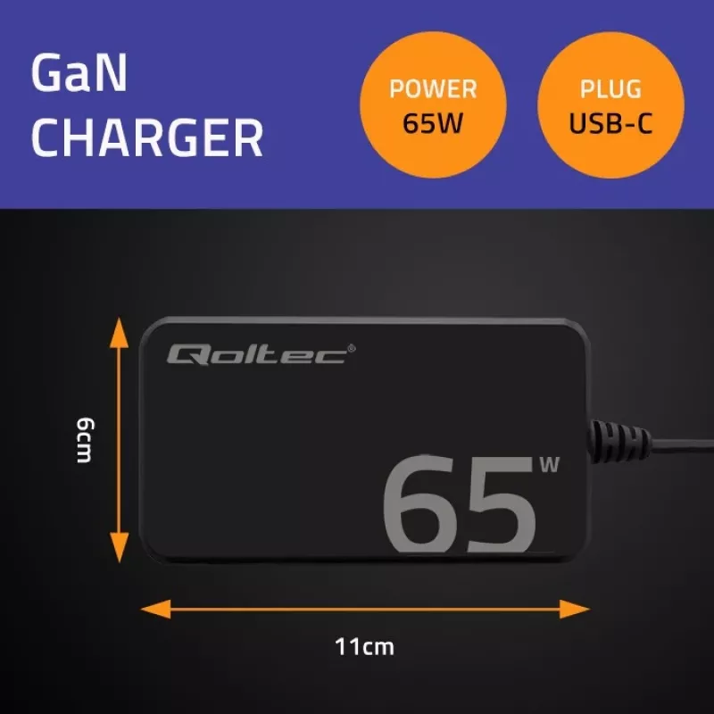 QOLTEC Charger 65W GaN Super Fast cienki PD 5-20V 3.25A USB-C