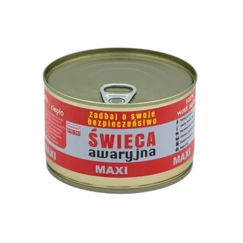 Świeca survivalowa awaryjna FULER HASKE Pro MAXI 410 g — naturalny wosk sojowy, 72 h czas palenia, 99 mm × 65 mm, puszka stalowa