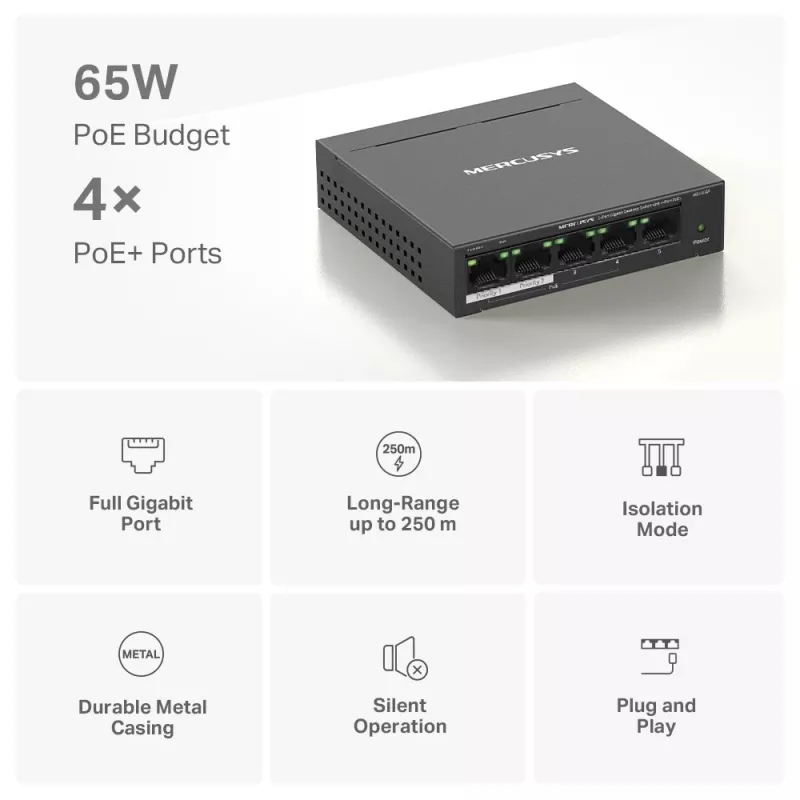 Mercusys 5-portowy gigabitowy przełącznik biurkowy z 4 portami PoE+