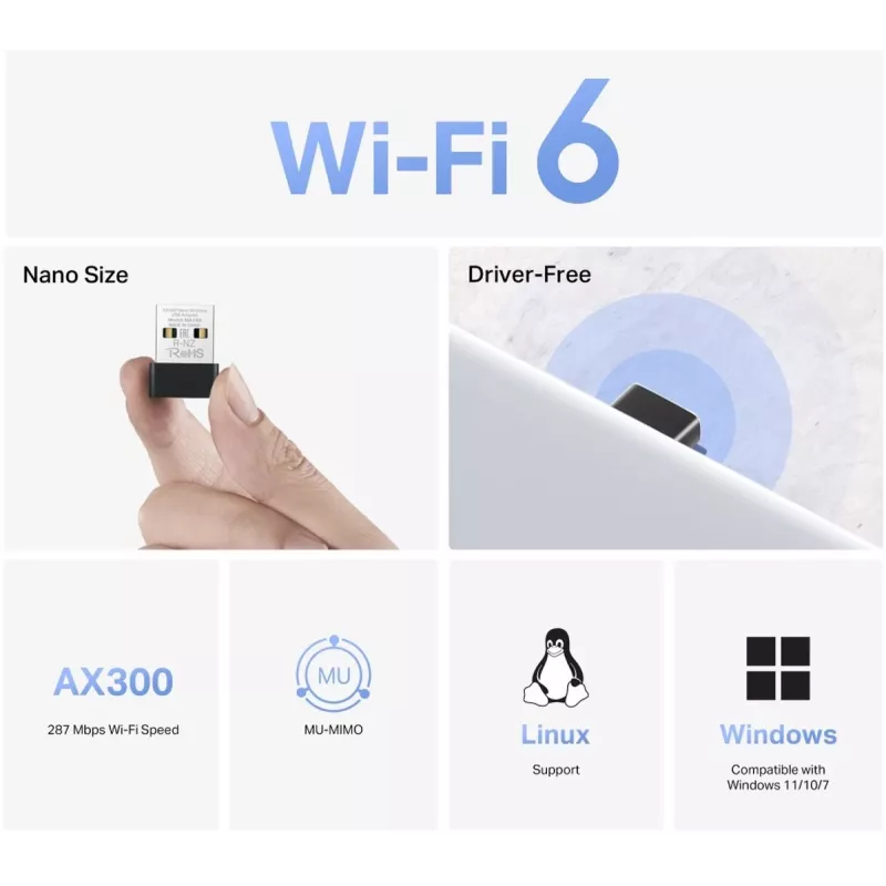 USB Wi‑Fi Adapter MERCUSYS MA14N — USB Type‑A, 2.4 GHz Single‑Band, up to 287 Mb/s, Czarny