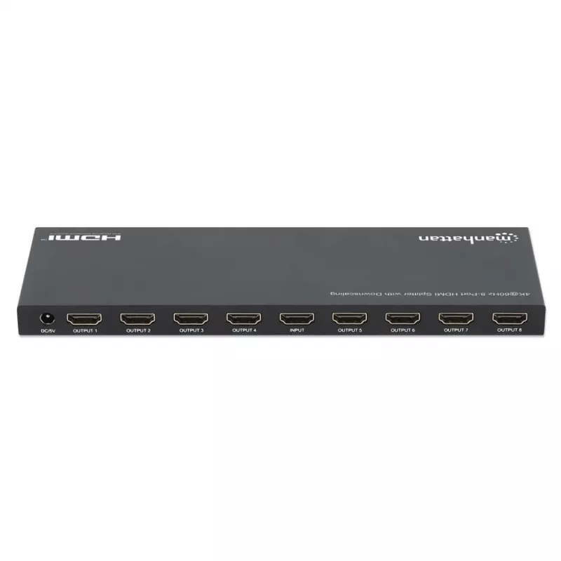 Manhattan 4K@60Hz 8-portowy rozdzielacz HDMI ze skalowaniem w dół, rozdziela jedno wejście HDMI na osiem wyjść HDMI (1x8), 18G, przełącznik EDID do skalowania w dół, czarny