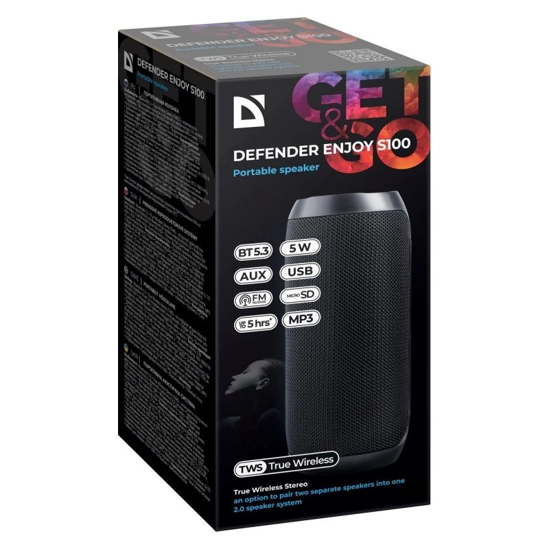 Przenośny głośnik Bluetooth DEFENDER ENJOY S100 — 10W, Bluetooth 5.3, 5h bateria, podświetlenie LED, wbudowany mikrofon