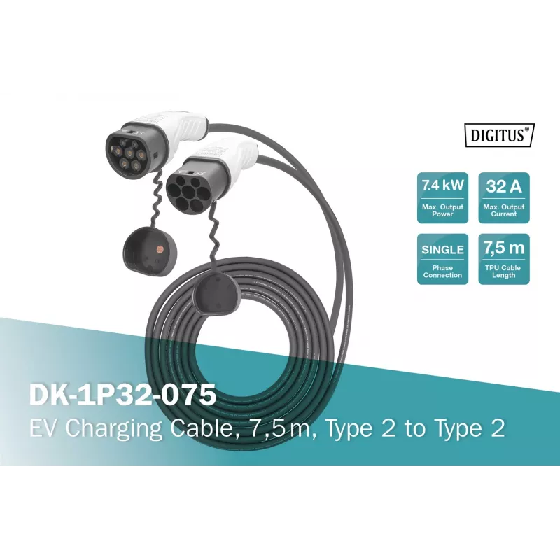 Kabel do ładowania Digitus EV 7,5 m typ 2 do typ 2 32 A 240 V