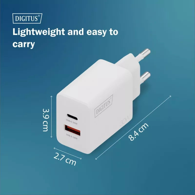 Ładowarka sieciowa USB GaN DIGITUS DA-10301 — 30 W, 1× USB-C, 1× USB-A, 100–240 V, biała