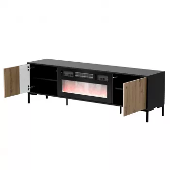 Szafka TV cama meble MERCI z kominkiem, 180 x 40 x 53,5 cm, czarny blat, rama dąb artisan
