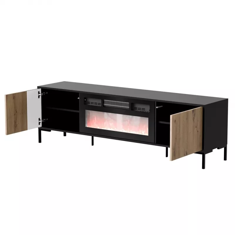Szafka TV cama meble MERCI z kominkiem, 180 x 40 x 53,5 cm, czarny blat, rama dąb artisan