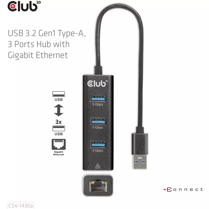 Hub USB CLUB3D USB 3.2 Gen1 Type-A, 3 porty i Gigabit Ethernet