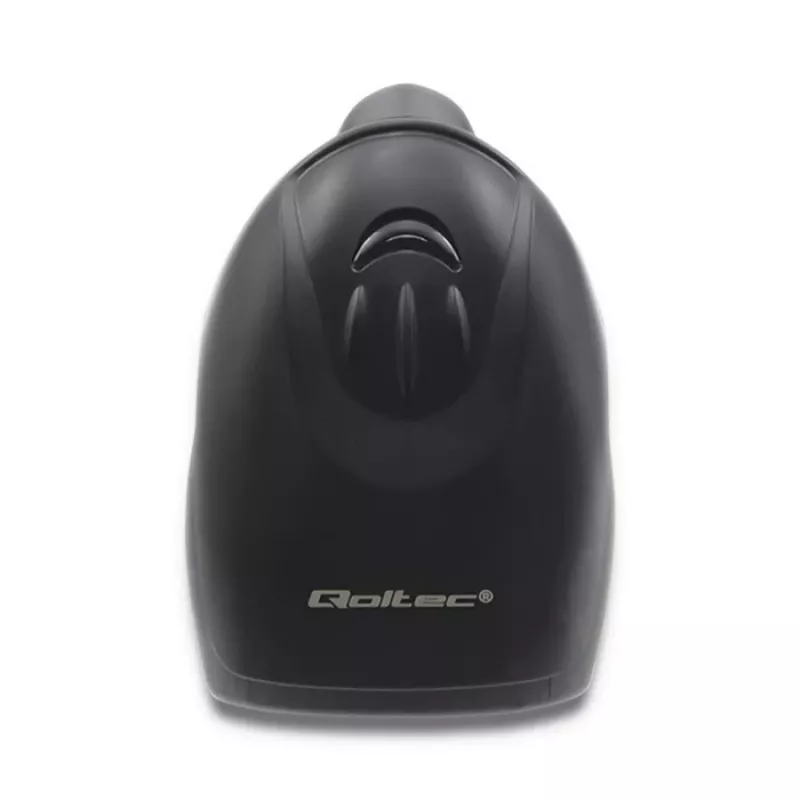 Ręczny czytnik kodów kreskowych QOLTEC 50866 — laserowy skaner 1D, przewodowy USB, zasięg 600 mm, czarny, 161,5×88×77 mm