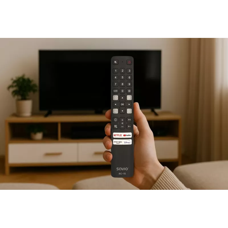 Uniwersalny pilot zdalnego sterowania SAVIO RC-15 do telewizorów TCL SMART TV, bezprzewodowy IR, czarny, zasięg 10 m