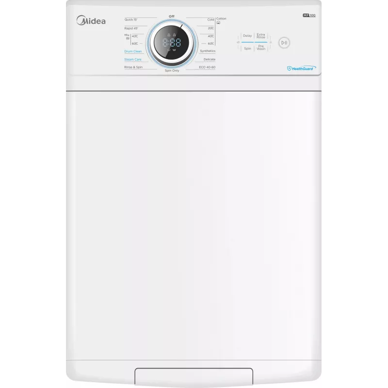 Pralka Midea | MF100T60B/W-HR | Klasa efektywności energetycznej A | Ładowanie od góry | Pojemność prania 6 kg | 1200 obr./min | Głębokość 61 cm | Szerokość 40 cm | Wyświetlacz | LED | Funkcja pary | W