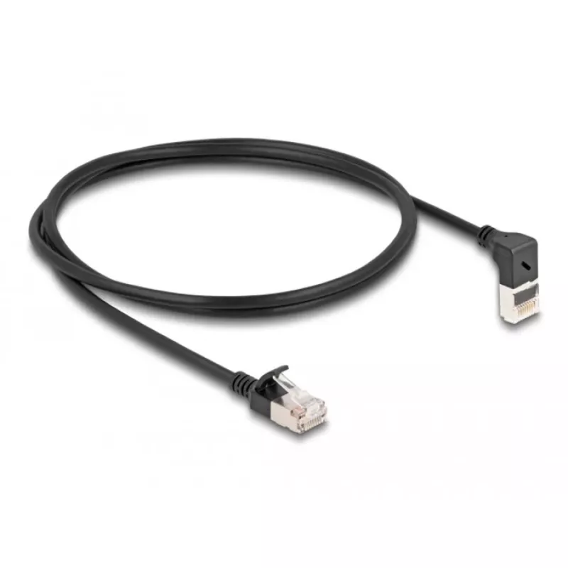 DeLOCK Kabel sieciowy RJ45 kat.6A S/FTP cienki wtyk kątowy 90° do góry 1 m czarny