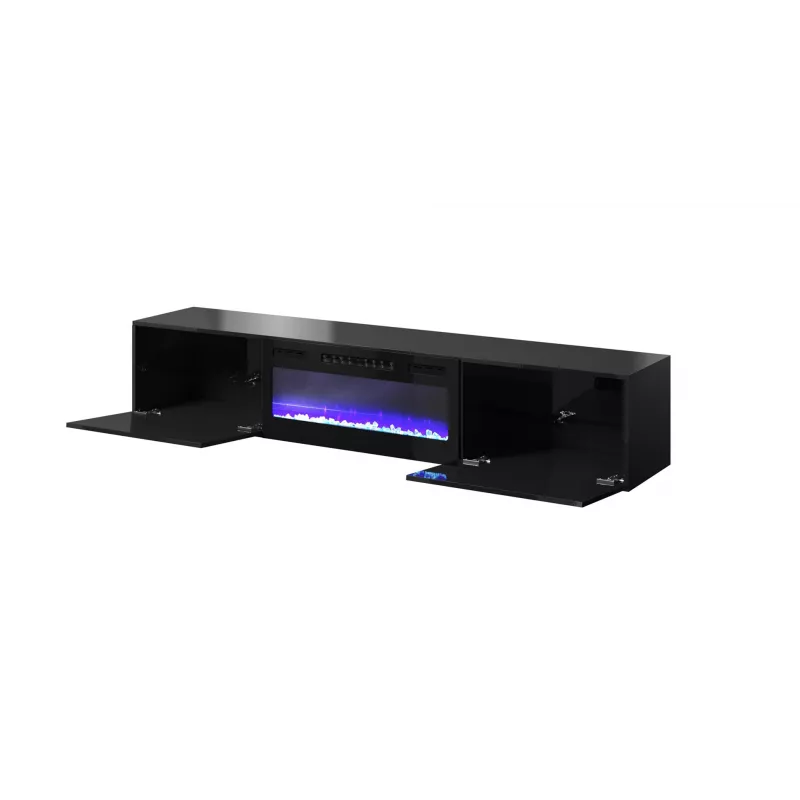 Szafka RTV Cama Meble SLIDE 200K z kominkiem elektrycznym 200×40×37 cm czarny połysk, fronty MDF, korpus z płyty wiórowej