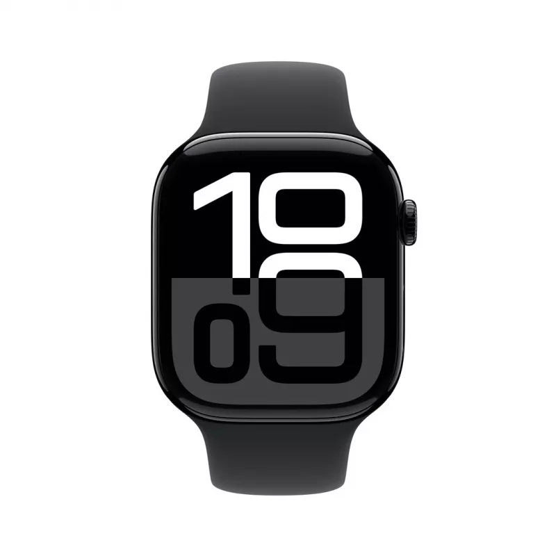 Apple Watch Series 10 GPS 46 mm, koperta w kolorze głębokiej czerni ze stopu aluminium z czarnym paskiem sportowym – M/L