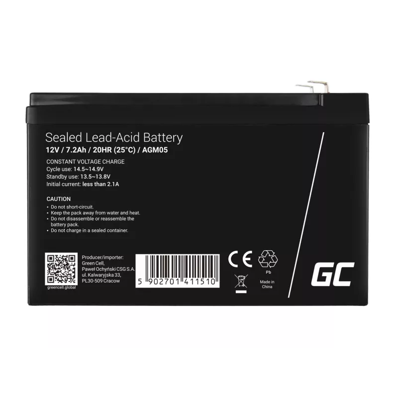 Bateria UPS zielony Cell AGM05 — 12 V 7,2 Ah, szczelna kwasowo-ołowiowa (VRLA), wysokość 95 mm, 151×65 mm, 2,15 kg