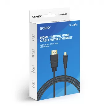 Savio CL-40/M HDMI (M) - micro HDMI (M) kabel z Ethernetem, 2m, Czarny