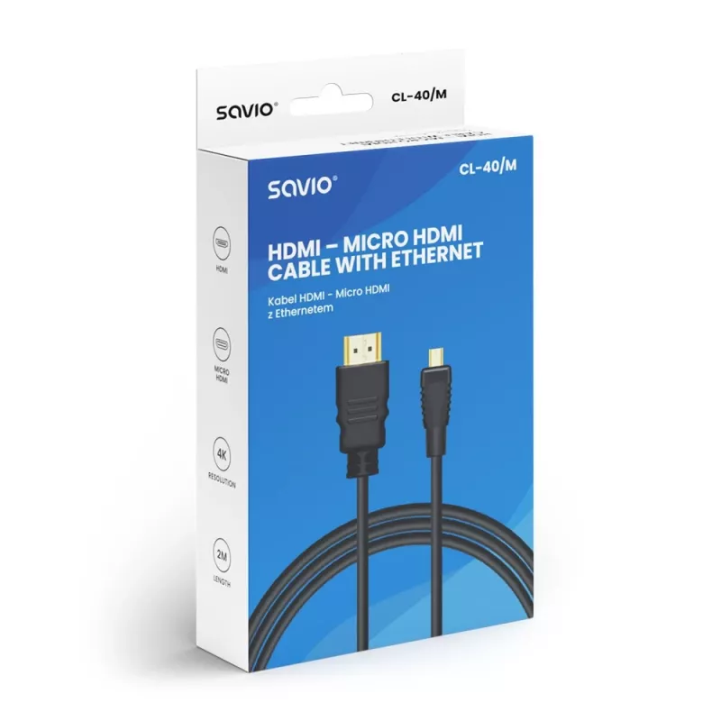 Savio CL-40/M HDMI (M) - micro HDMI (M) kabel z Ethernetem, 2m, Czarny