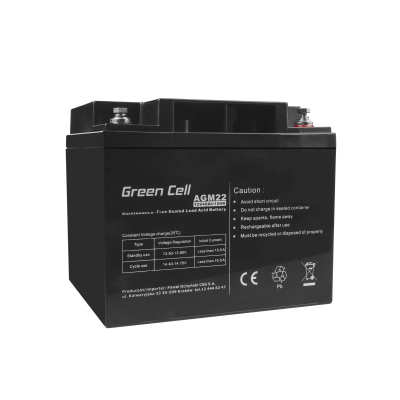 Bateria UPS zielony Cell AGM22 — kwasowo-ołowiowa 12V 40Ah (VRLA), 170×165×197 mm, 12,1 kg