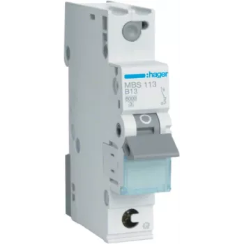 Hager MBS113. Prąd znamionowy: 13 A, Częstotliwość wejściowa AC: 50/60 Hz. Typ: B, Maksymalna liczba modułów: 1 moduł. Szerokość: 17,5 mm, Głębokość: 70 mm, Wysokość: 83,4 mm (MBS113)