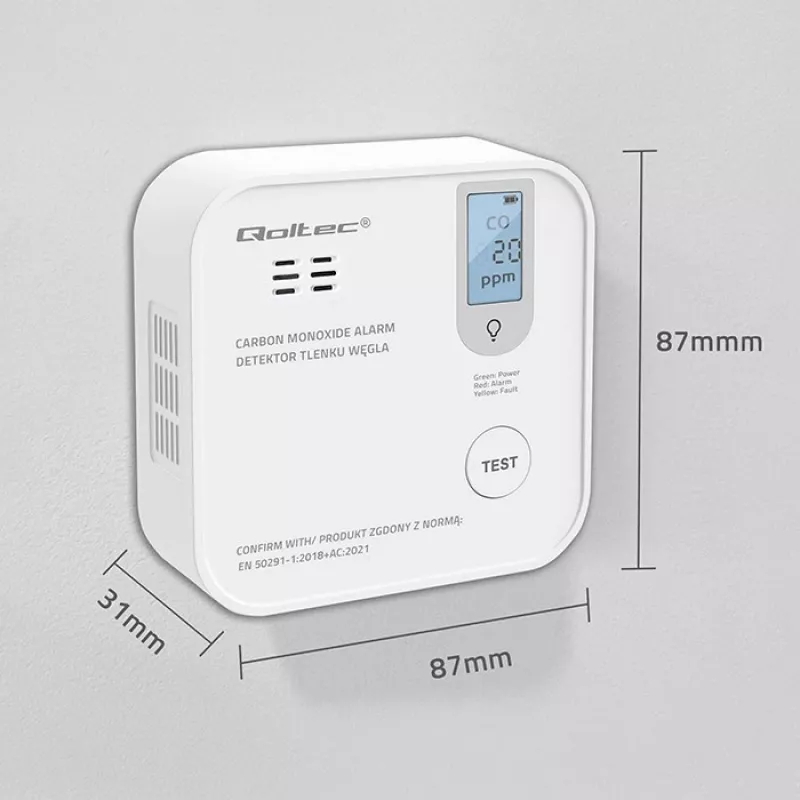 Czujnik tlenku węgla QOLTEC 52577 — alarm zasilany bateriami, poziom dźwięku 85 dB