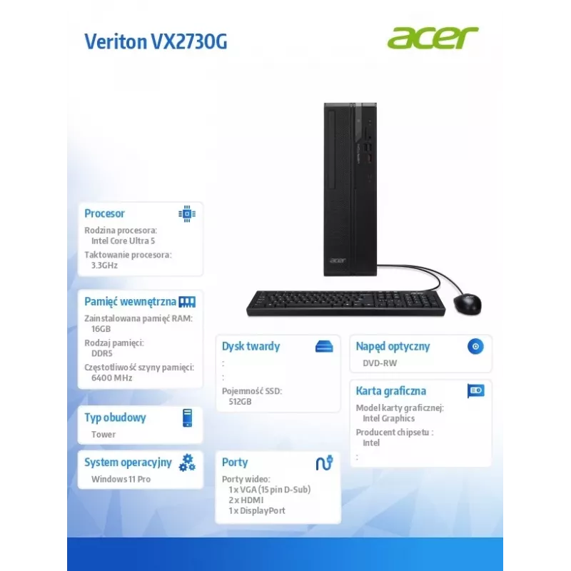 Komputer stacjonarny Acer Veriton VX2730G U5 225 z 16 GB RAM i 512 GB SSD, Windows 11 Pro