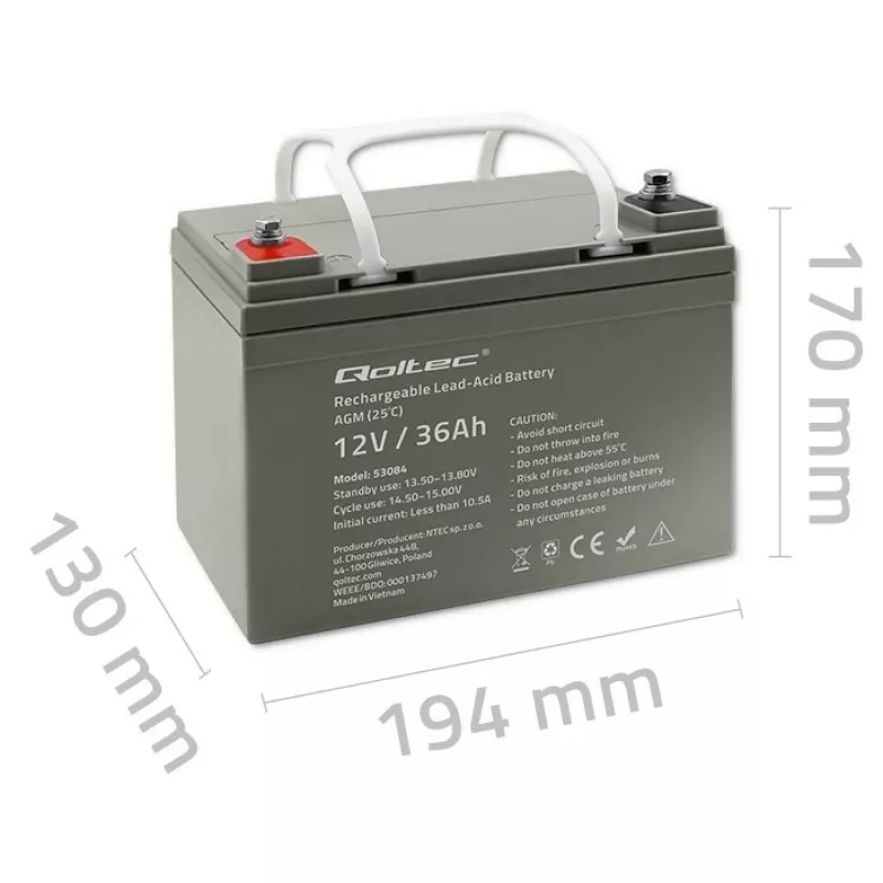 Hermetyczny akumulator AGM do UPS QOLTEC 53084 12V 36Ah LongLife