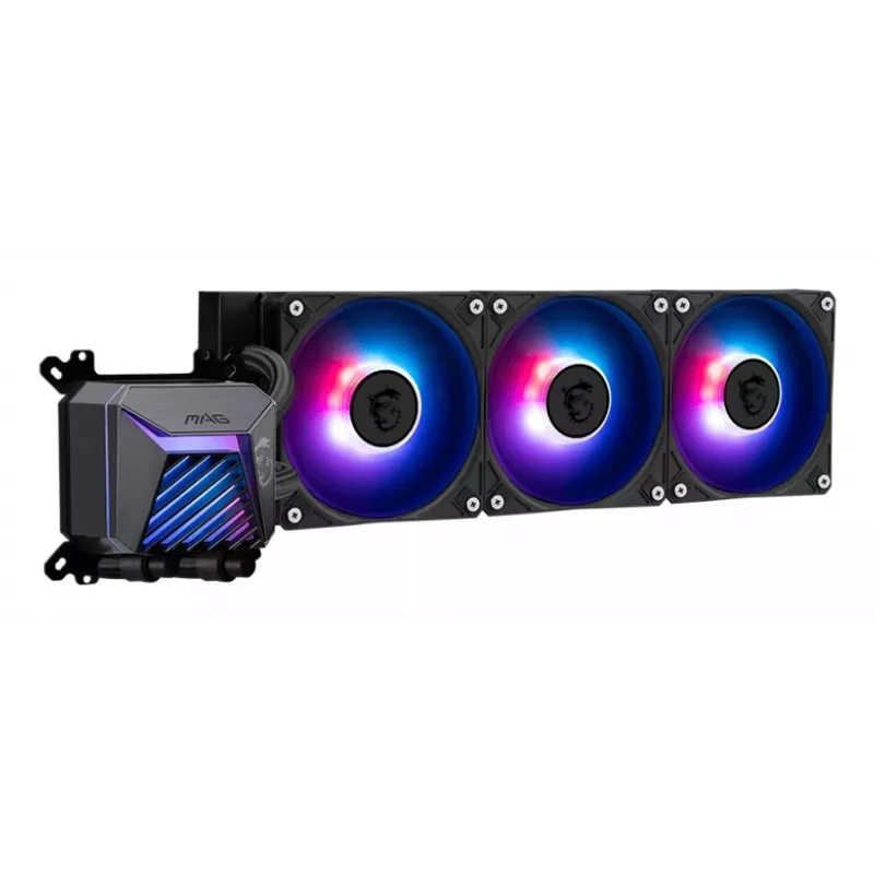 Zestaw chłodzenia cieczą All-in-one MSI MAG Coreliquid A15 360 — 3x wentylatory 120 mm, radiator 394 x 120 x 27 mm, pompa 5V, RGB, obsługuje LGA 1851