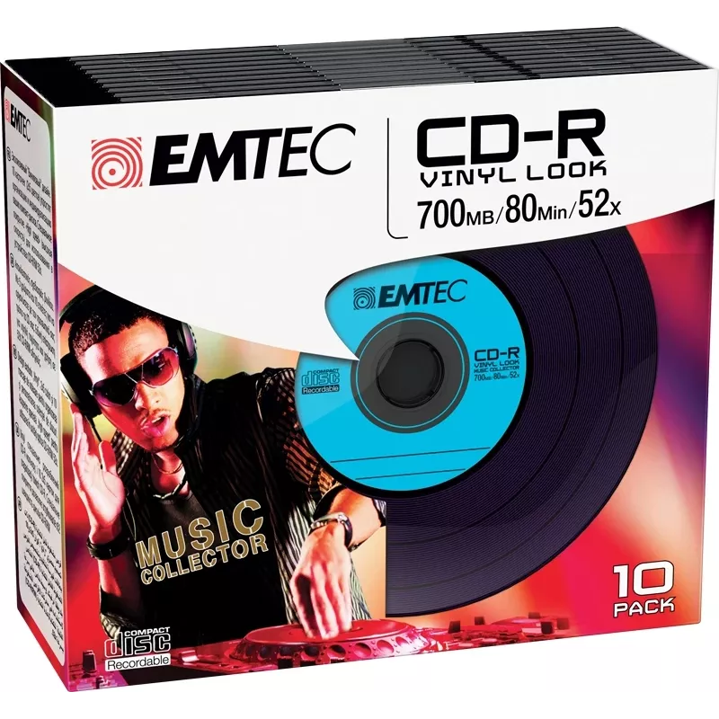 EMTEC Vinyl Look - 10 x CD-R - 700 MB (80 Min) 52x - Niebieski, Żółty, Liliowy, Zielony, Różowy - Slim Jewel Case