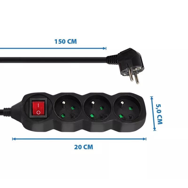 Przedłużacz ESPERANZA ELK210K — kabel 1,5 m, 3 gniazda AC typu E, wtyczka kątowa, do użytku wewnątrz pomieszczeń, czarny