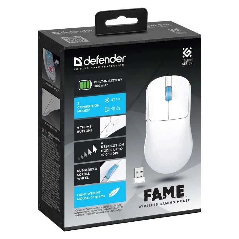 BEZPRZEWODOWA MYSZ DEFENDER FAME GM-516 RF+BT 10000DPI 6P BIAŁA