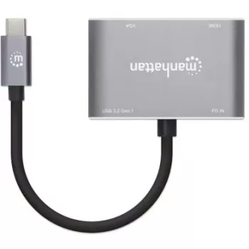 Manhattan Stacja dokująca / hub USB-C, porty (x4): HDMI, USB-A, USB-C i VGA, z Power Delivery (PD) 87 W - wymaga zewnętrznej ładowarki USB-C (nie dołączono). Zasilanie przez USB (nie wymaga zewnętrznego zasilacza), gdy PD nie jest używane, aluminium