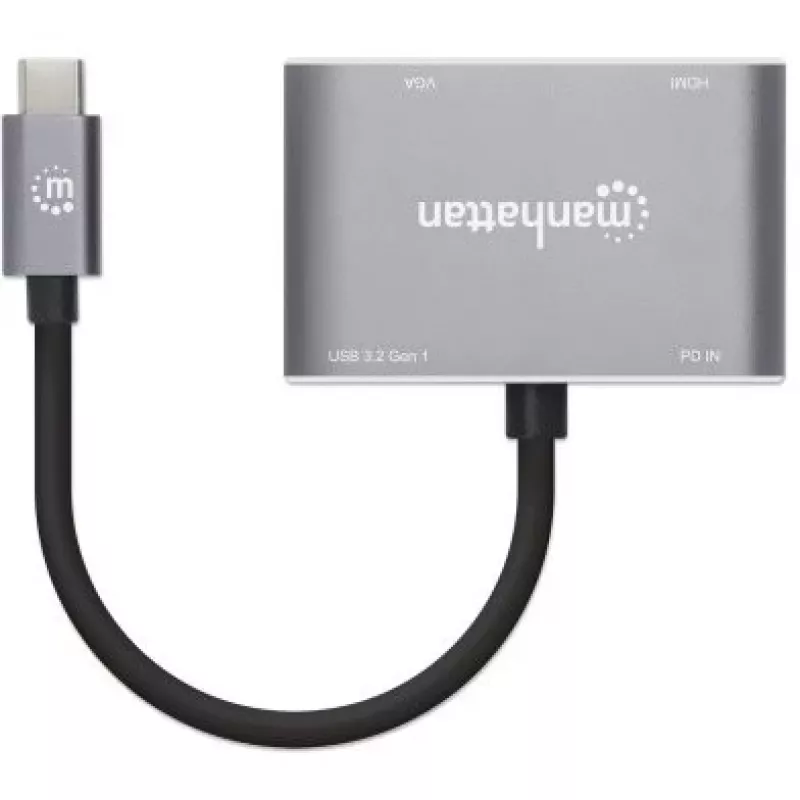 Manhattan Stacja dokująca / hub USB-C, porty (x4): HDMI, USB-A, USB-C i VGA, z Power Delivery (PD) 87 W - wymaga zewnętrznej ładowarki USB-C (nie dołączono). Zasilanie przez USB (nie wymaga zewnętrznego zasilacza), gdy PD nie jest używane, aluminium