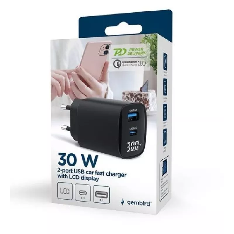 Ładowarka do urządzeń mobilnych Gembird TA-UC-PDQC30LCD-BK-01 Szybkie ładowanie Czarna