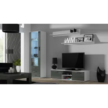 TV stand cama meble SOHO 140 — 1400×430×370 mm, biały blat, płyta wiórowa, biała rama, biały/szary połysk